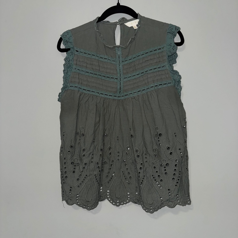 Adiva Womens XL‎ Olive Green Eyelet Lace Sleeveless Boho Babydoll Blouse Top